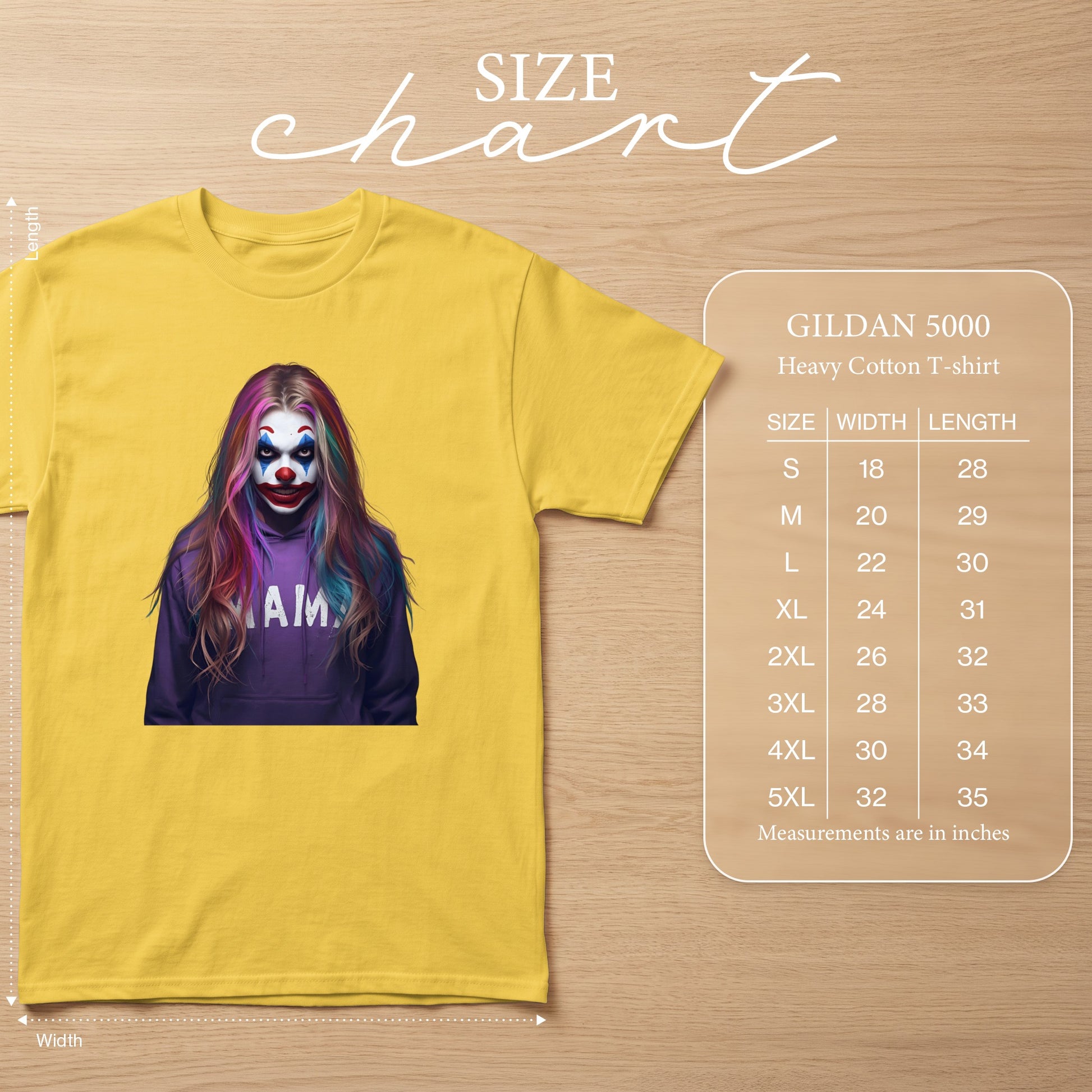 Yellow t-shirt with clown graphic and Gildan 5000 size chart.