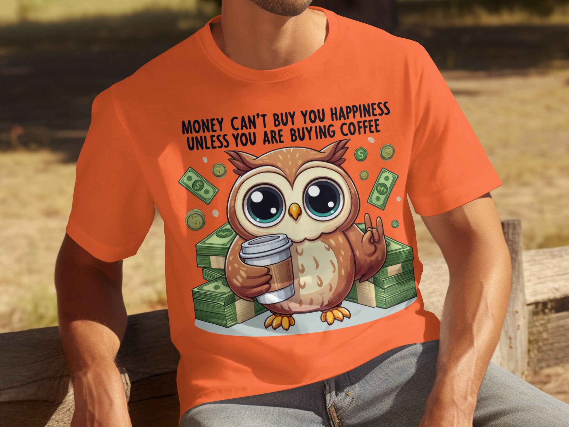 Money Happiness Coffee Owl Design Graphic T-shirt