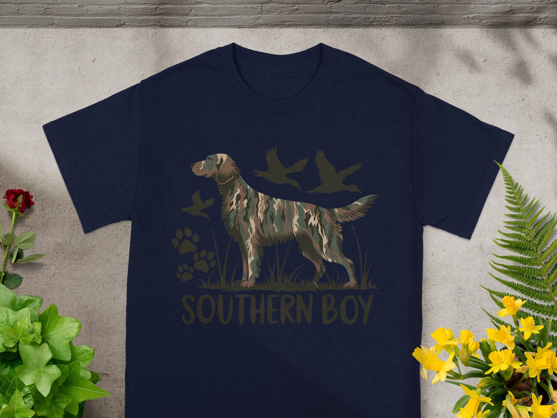 Navy t-shirt with camouflage dog, ducks, paw prints, and text "SOUTHERN BOY".