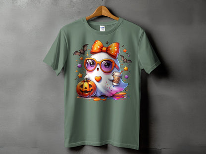Ghost with pumpkin, coffee, and bats, wearing bow and sunglasses.