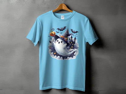 Light blue t-shirt with a cartoon ghost and Halloween scene.