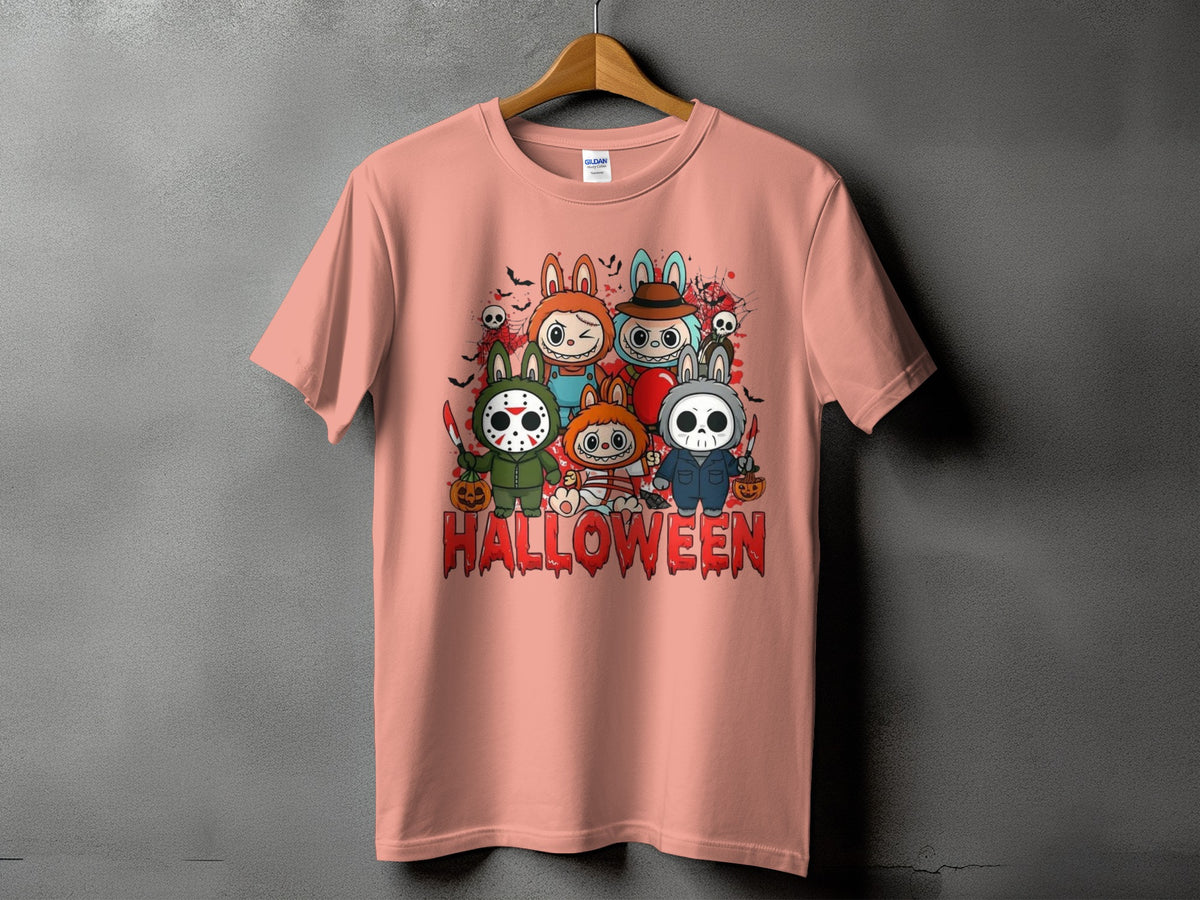 Halloween t-shirt featuring cartoon characters dressed as horror movie villains.