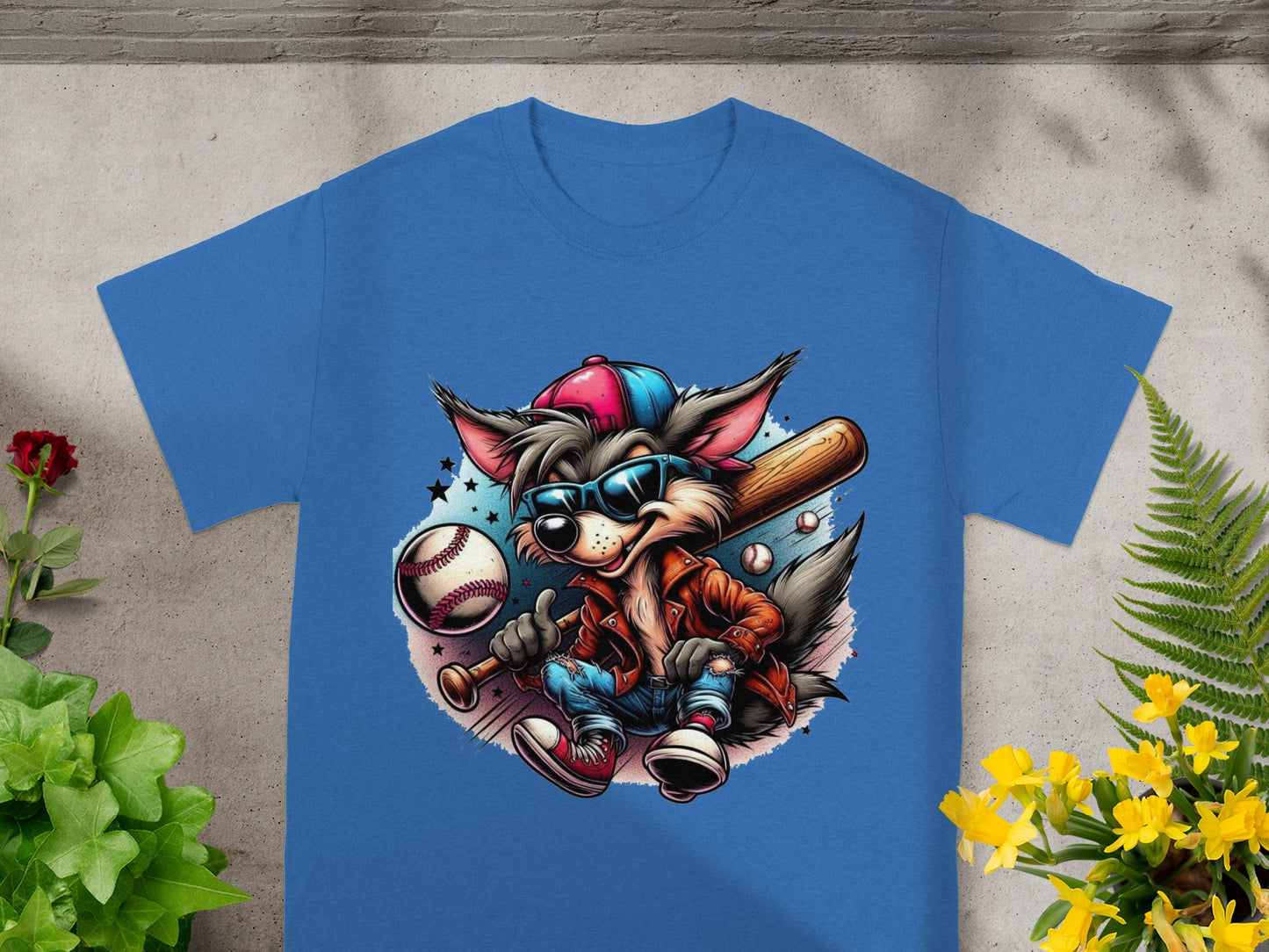 Cool Cartoon Wolf with Baseball Bat Graphic Shirt