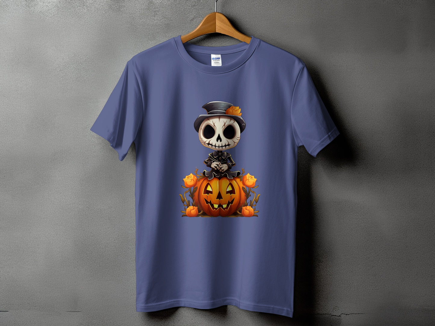 Skeleton wearing a top hat sits on a jack-o'-lantern surrounded by roses.
