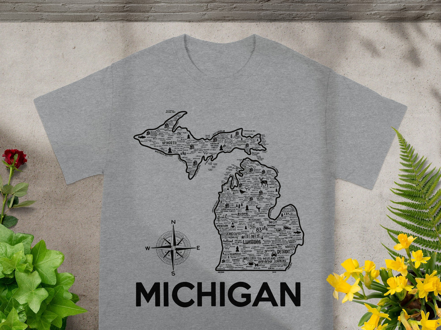 Michigan Map Compass Design Grey T-Shirt Product
