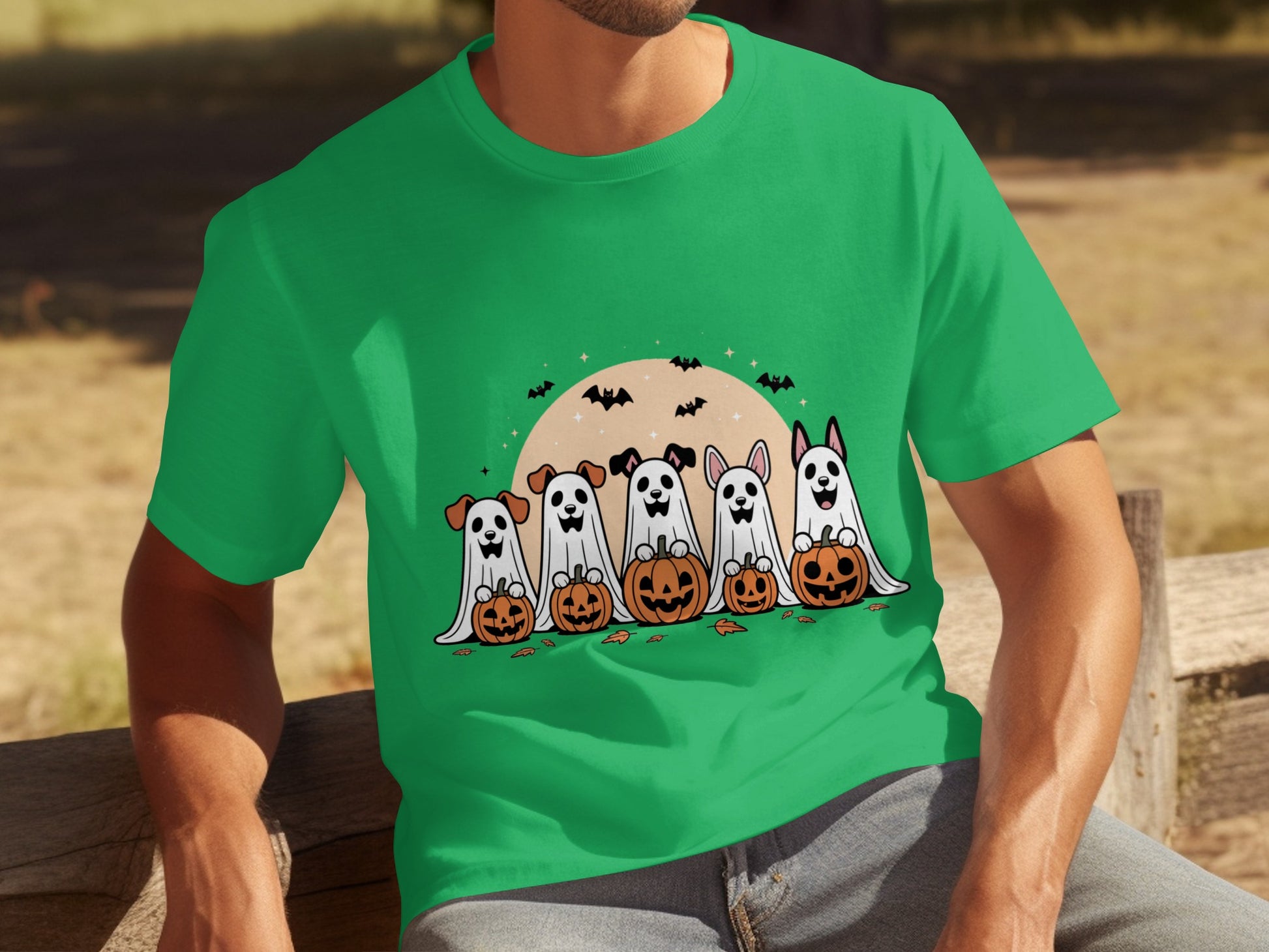Halloween Dog Ghosts and Pumpkins Green T-Shirt