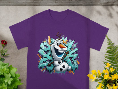 Purple t-shirt with Olaf from Frozen in front of graffiti art.