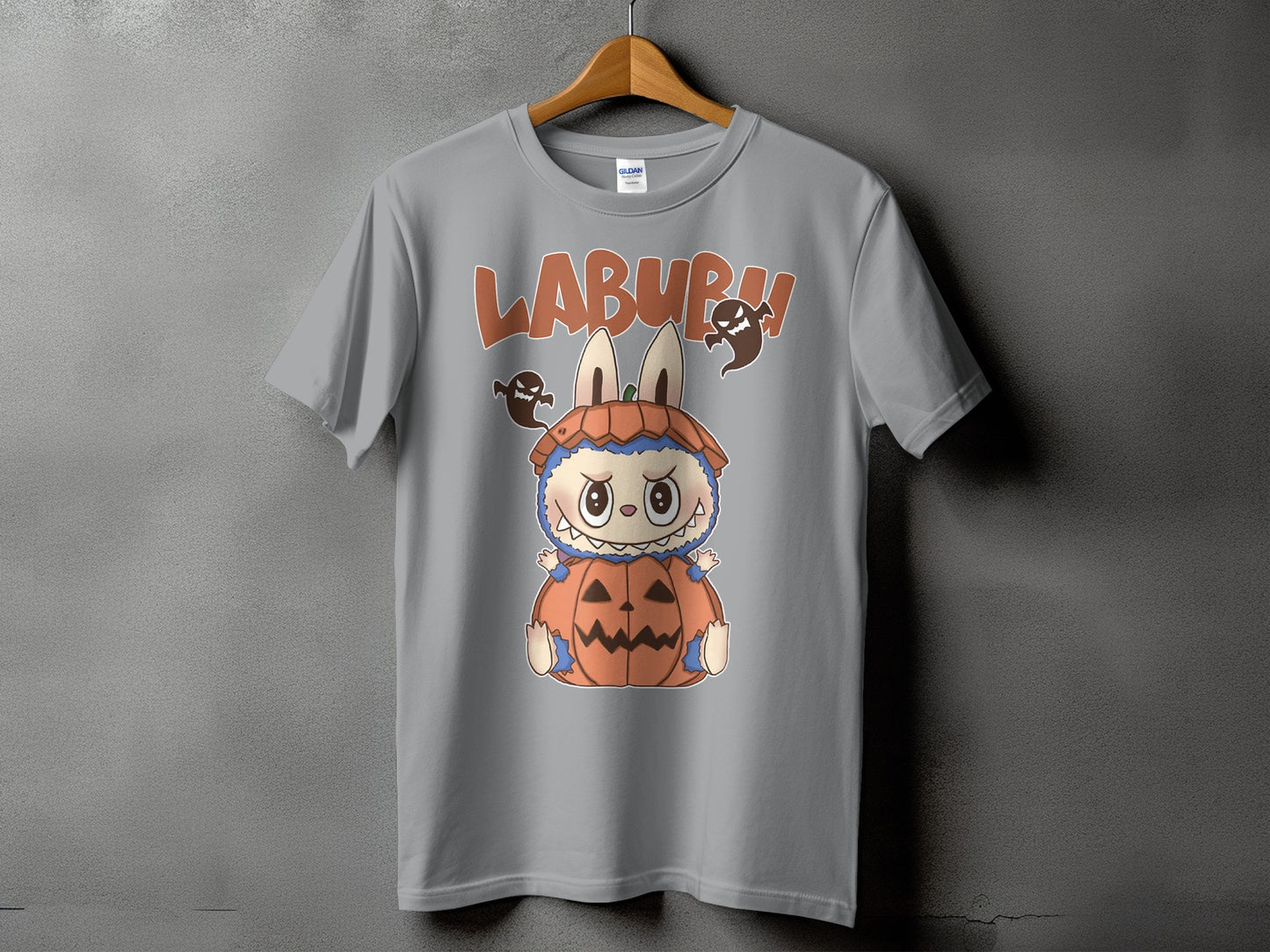 Grey t-shirt with "LABURH" text, a cartoon monster in a pumpkin, and ghosts.