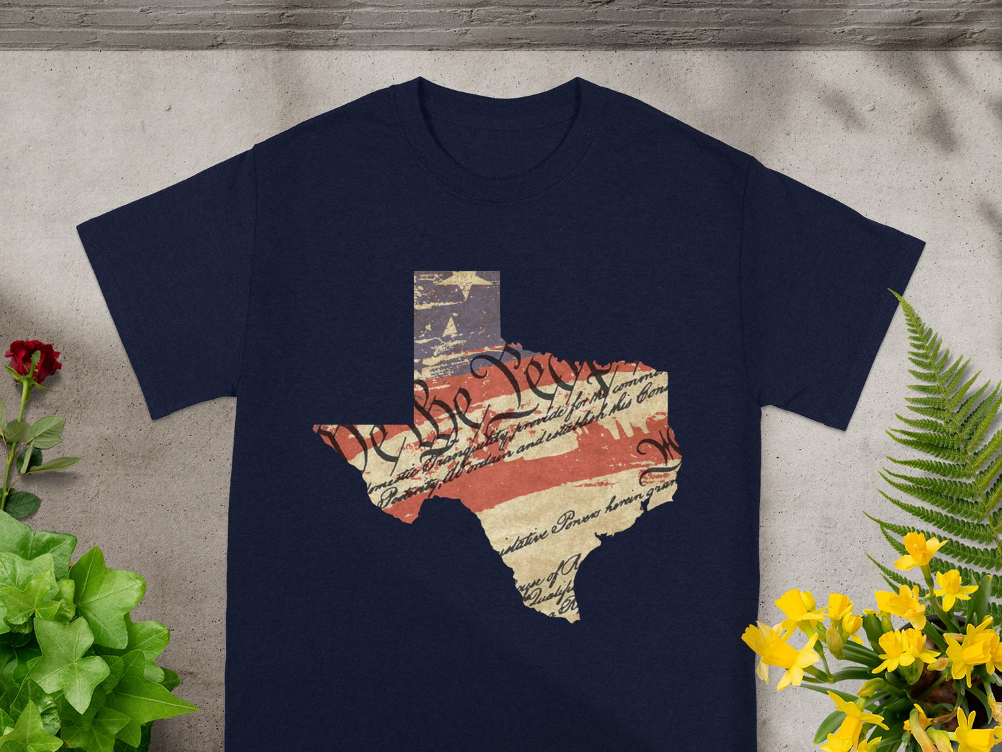 Texas silhouette with US flag and Constitution text overlay.