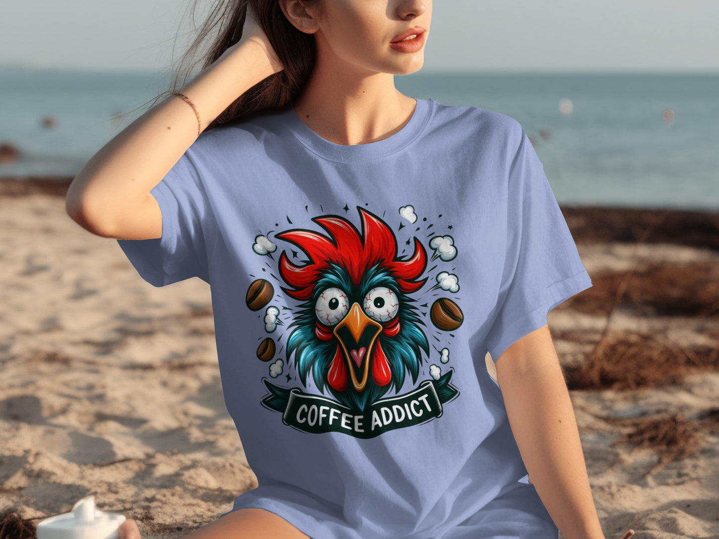 Coffee Addict Funny Rooster Graphic T-Shirt