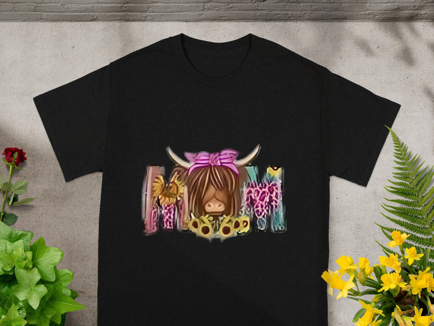 Cute Highland Cow with Bow Design on Black T-Shirt