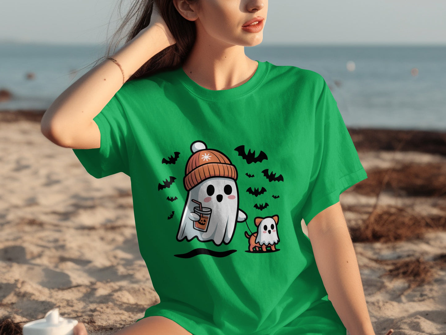 Cute Halloween Ghost and Dog Green Shirt product
