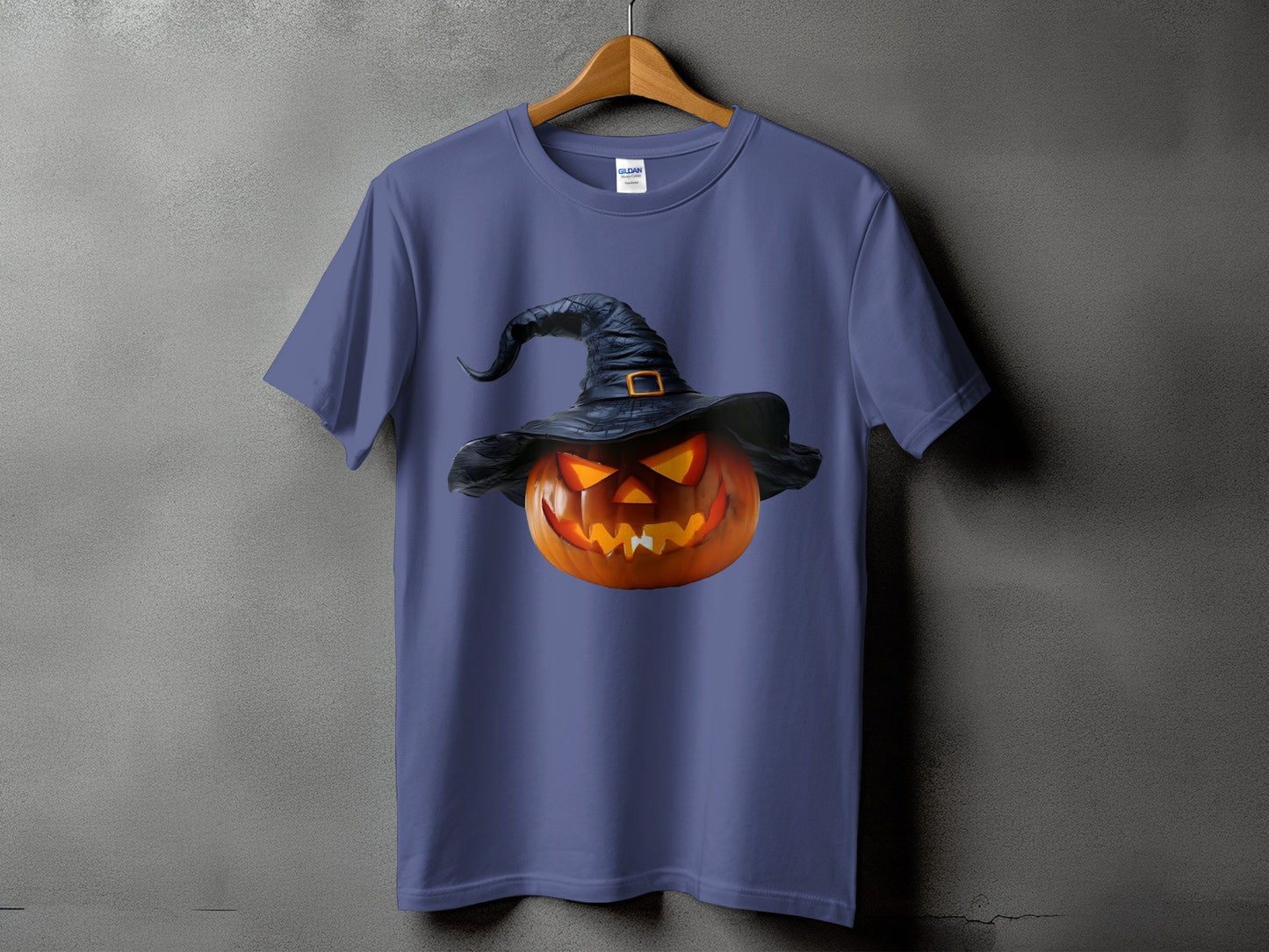 Purple t-shirt with a jack-o'-lantern wearing a witch hat graphic.