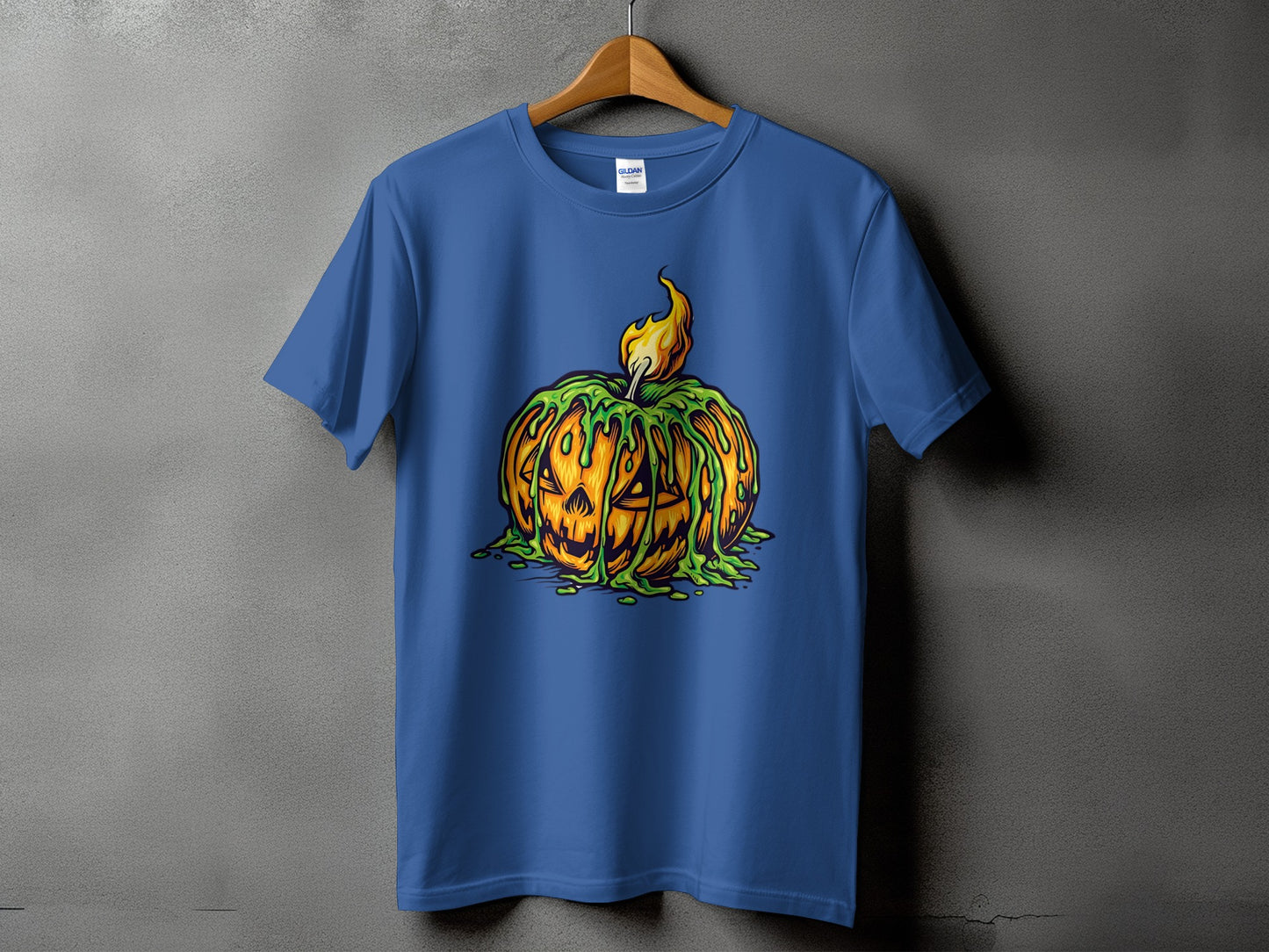 Blue t-shirt with a melting, flaming jack-o'-lantern graphic.