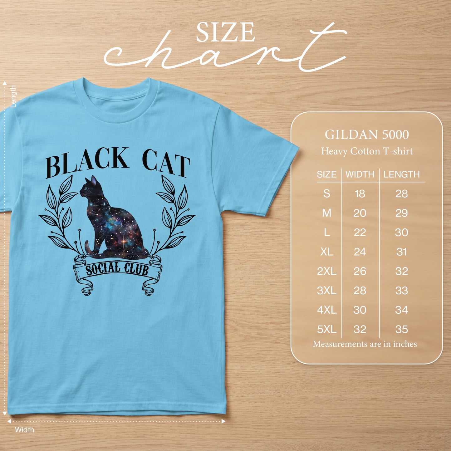 Light blue t-shirt with galaxy cat graphic and "Black Cat Social Club" text. Includes size chart.