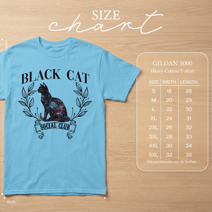 Light blue t-shirt with galaxy cat graphic and "Black Cat Social Club" text. Includes size chart.
