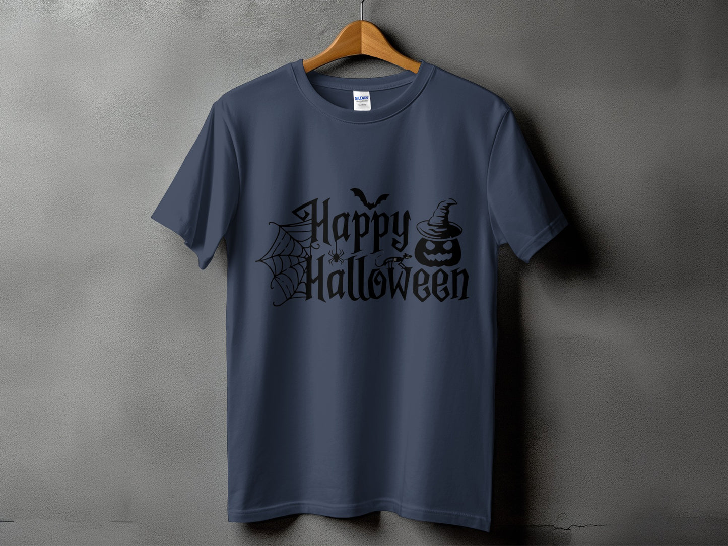 Dark blue t-shirt with black "Happy Halloween" text and graphics.