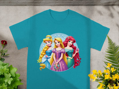 Princesses Rapunzel, Ariel, and Belle on a teal t-shirt.