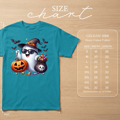 Teal t-shirt with cartoon ghost, pumpkin, bats, and candy graphic; Gildan 5000 size chart.