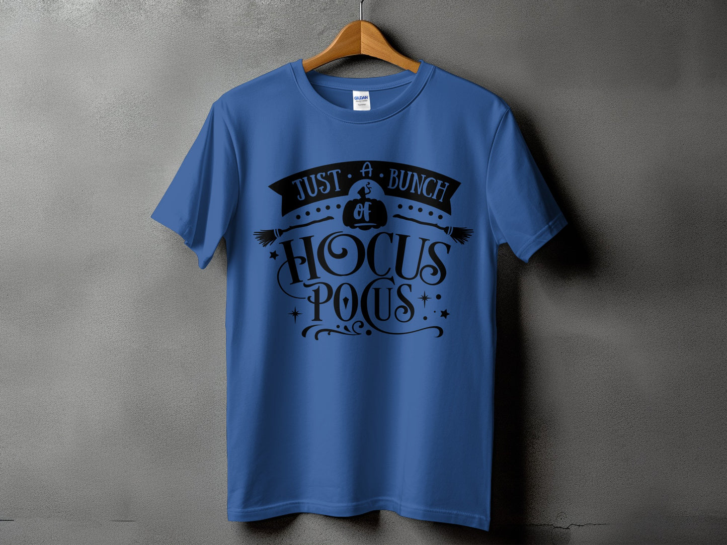 Blue t-shirt with "Just a Bunch of Hocus Pocus" text and Halloween graphics.