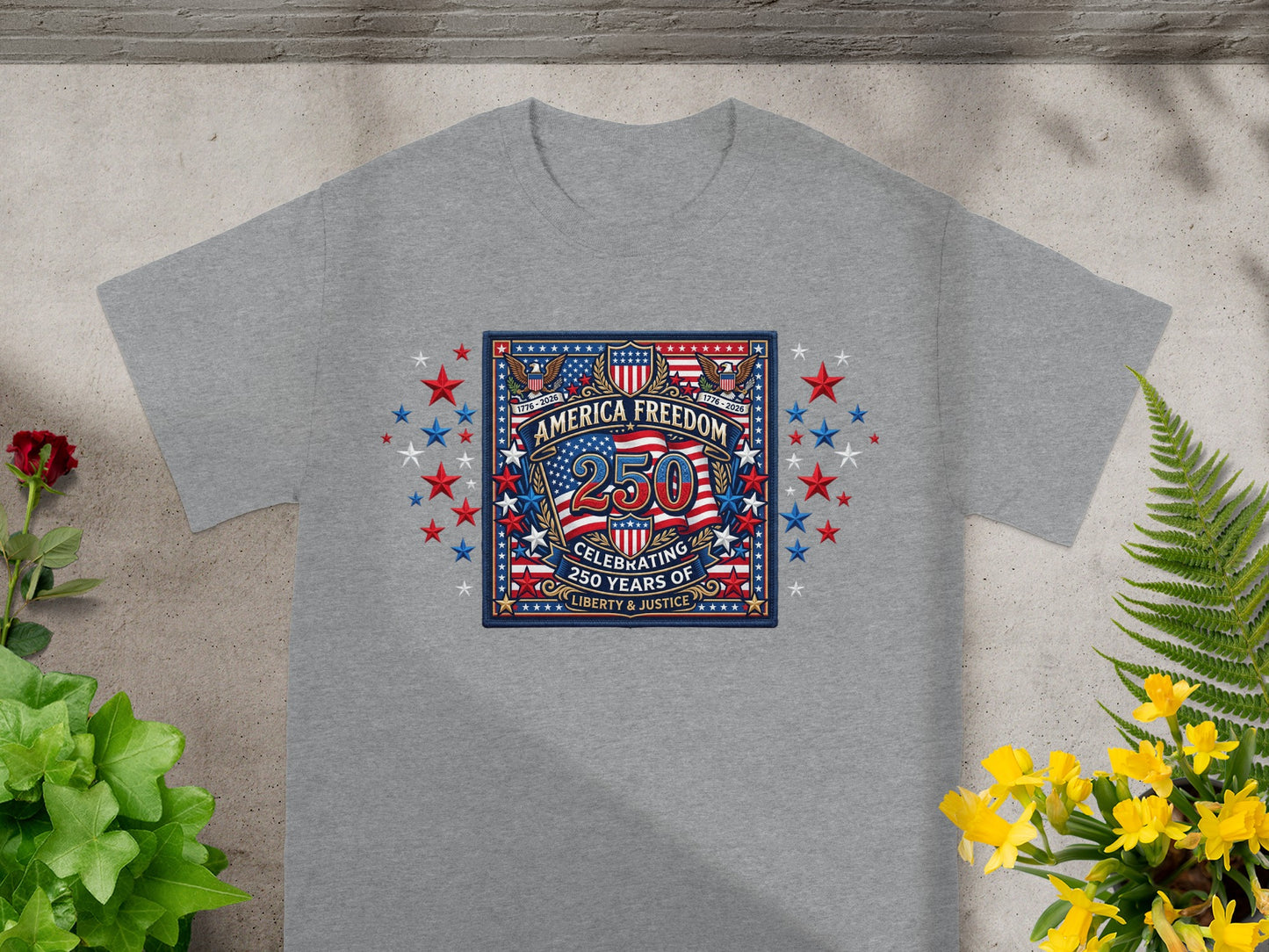 Gray t-shirt with "America Freedom 250" celebrating 250 years of Liberty & Justice.
