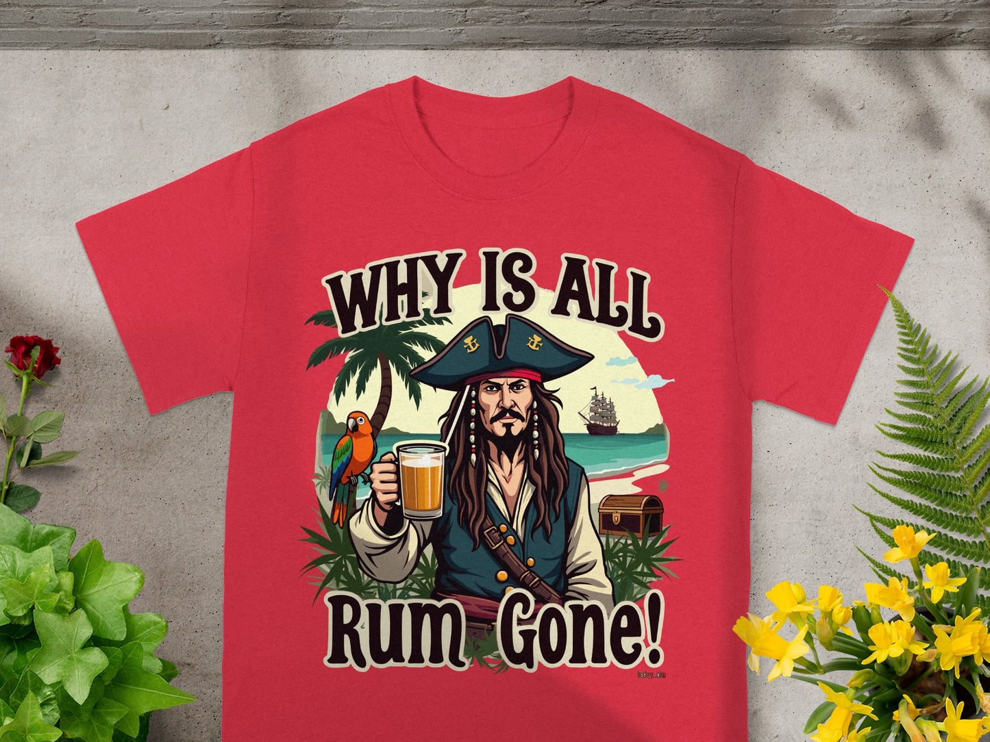 Pirate with beer, parrot, and treasure chest graphic with "Why is all rum gone!" text.