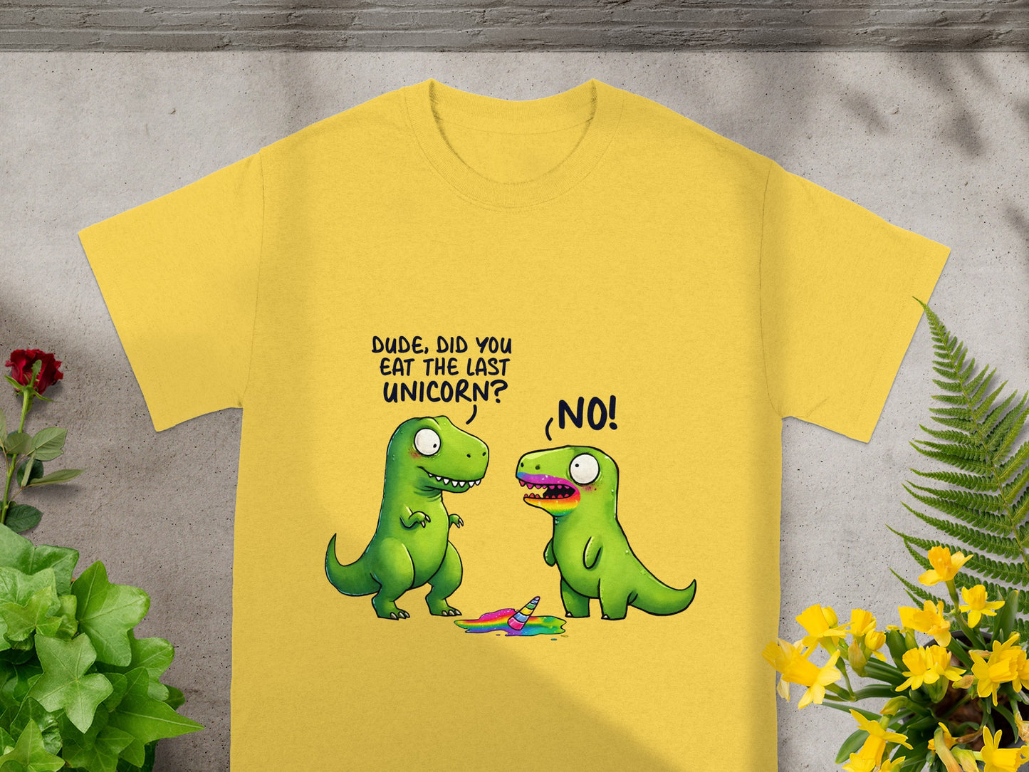 Two green dinosaurs with a rainbow-colored mouth and spilled unicorn goo.