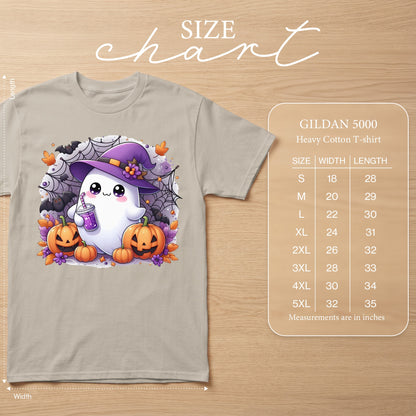 T-shirt with a ghost, pumpkins, and bats graphic, includes size chart.