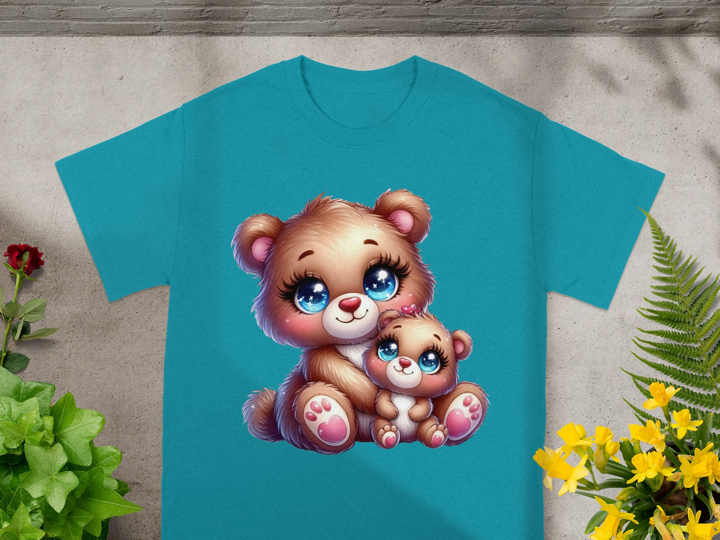 Two cartoon teddy bears, one larger, one smaller, sit together.