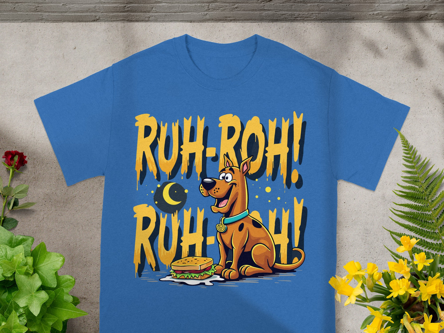Scooby-Doo illustration with "RUH-ROH!" text and a sandwich.
