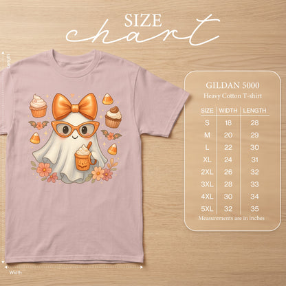Pink Gildan 5000 t-shirt with a cute ghost graphic and size chart.