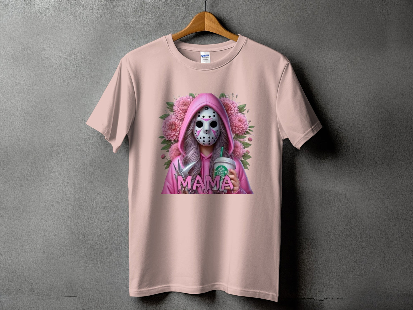 Pink t-shirt with a graphic of a person in a pink hoodie and hockey mask holding a coffee cup.