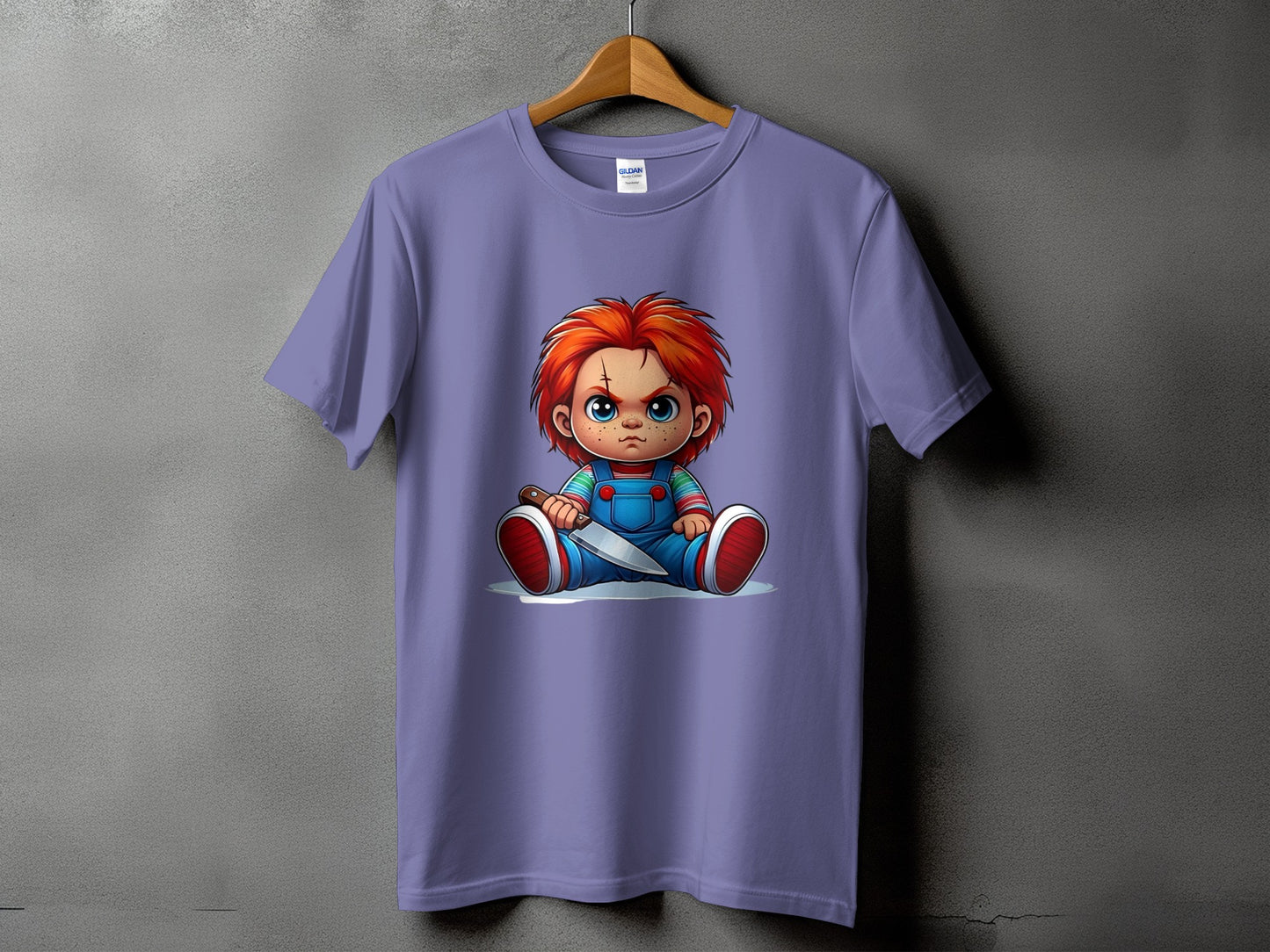 Purple t-shirt with a cartoon Chucky doll holding a knife graphic.
