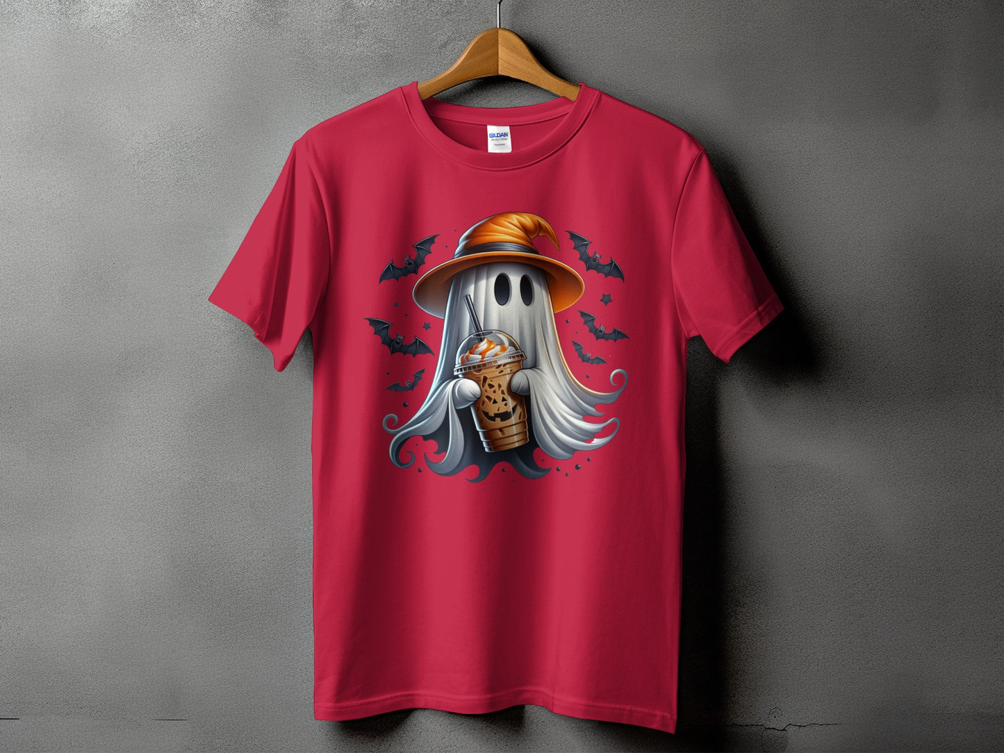 Ghost wearing a witch hat holding coffee with bats and stars.