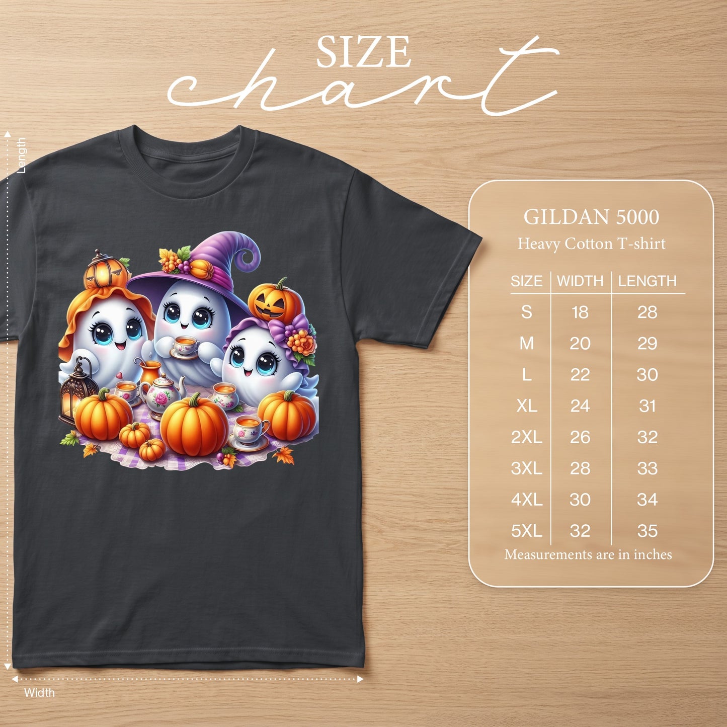 Dark gray t-shirt with kawaii ghosts, pumpkins, and tea set graphic. Size chart included.