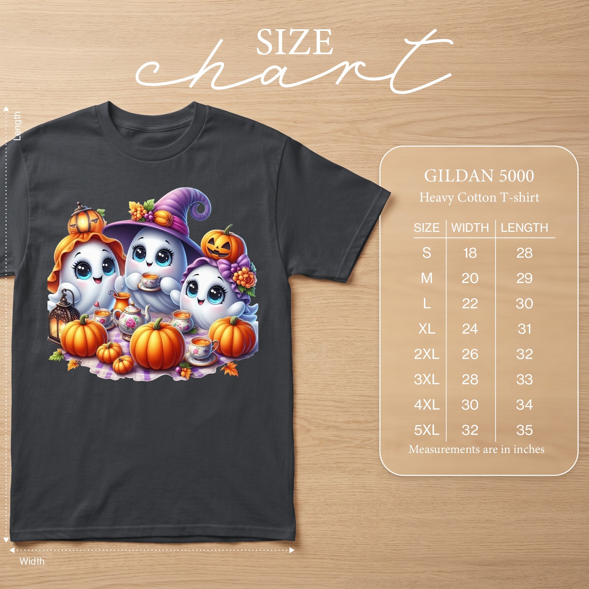 Dark gray t-shirt with kawaii ghosts, pumpkins, and tea set graphic. Size chart included.