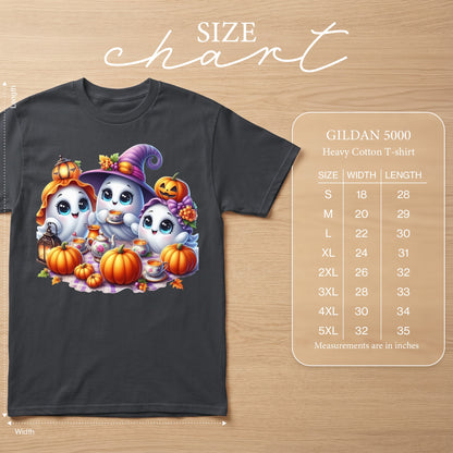 Dark gray t-shirt with kawaii ghosts, pumpkins, and tea set graphic. Size chart included.