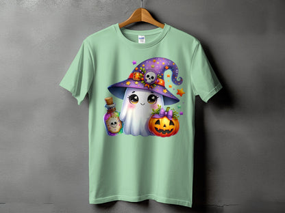 Ghost with witch hat, pumpkin, and potion bottle graphic on mint t-shirt.