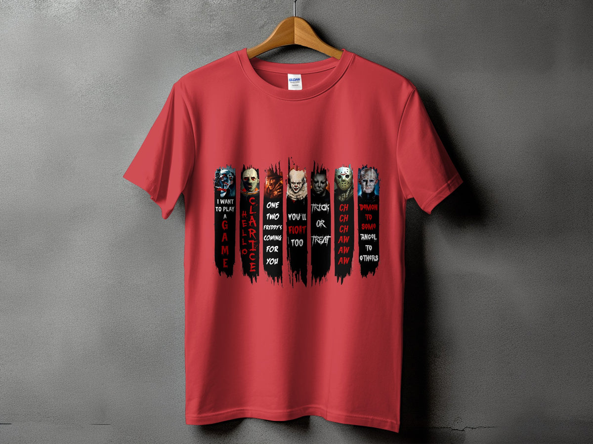 Red t-shirt with horror movie characters and text: "I Want to Play A Game, Clarice"