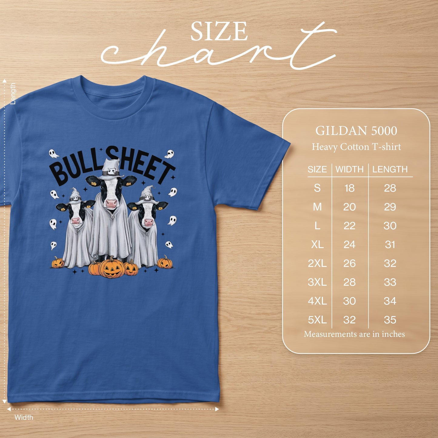 Blue Gildan 5000 t-shirt with "BULL SHEET" ghost cows and pumpkins graphic.