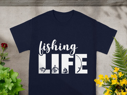 Navy t-shirt with "FISHING LIFE" text and fishing graphics.