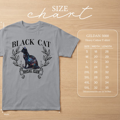 Gildan 5000 heavy cotton t-shirt with black cat galaxy print and size chart.