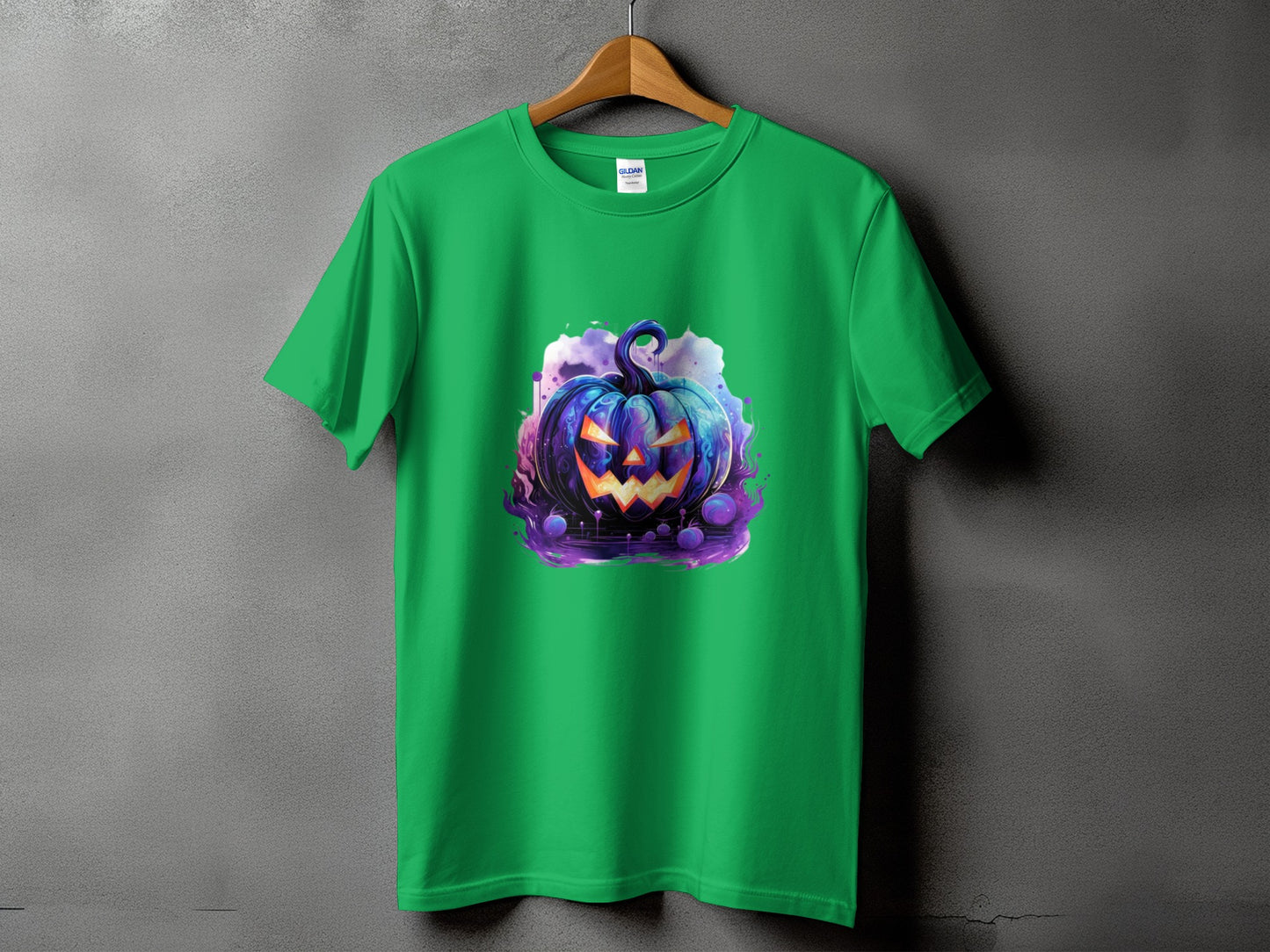 Green t-shirt with a spooky blue and purple jack-o'-lantern graphic.