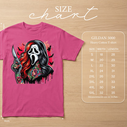 Pink t-shirt with Ghostface and tattoos graphic, including size chart.