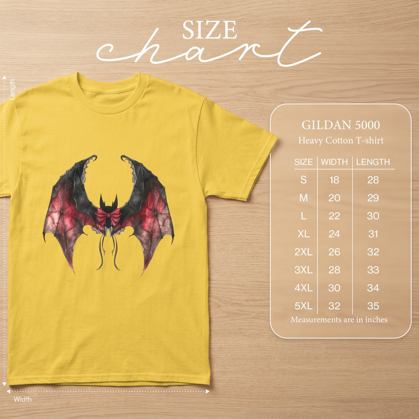 Yellow Gildan 5000 t-shirt with red and black bat graphic and size chart.