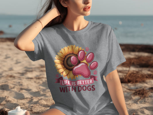 Life Is Better With Dogs Sunflower Paw T-shirt