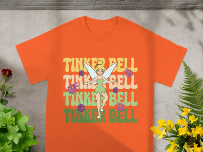 Orange t-shirt with "Tinker Bell" in colorful retro lettering.