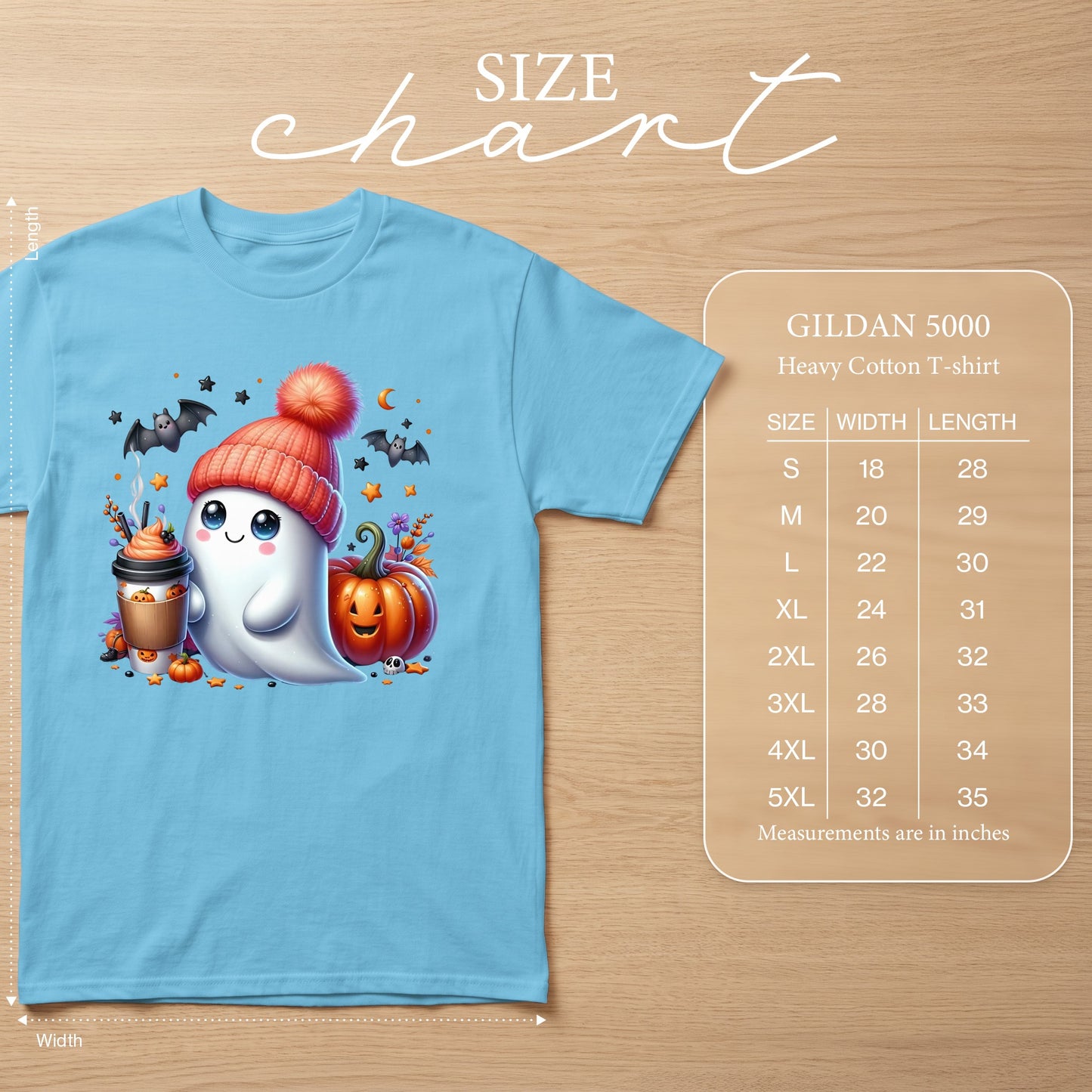 Light blue Gildan 5000 heavy cotton t-shirt with Halloween ghost graphic and size chart.