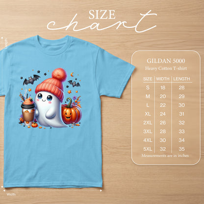 Light blue Gildan 5000 heavy cotton t-shirt with Halloween ghost graphic and size chart.