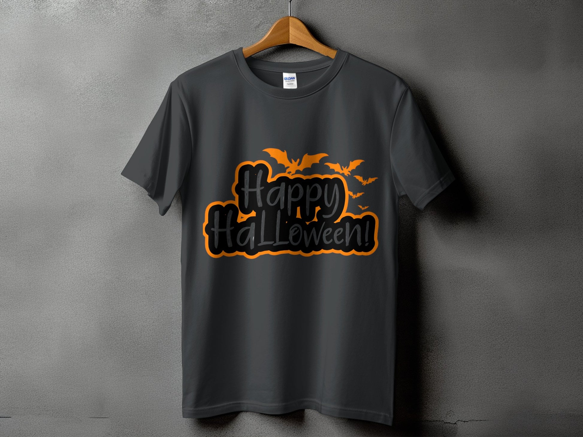 Dark gray t-shirt with "Happy Halloween!" text and orange bats.